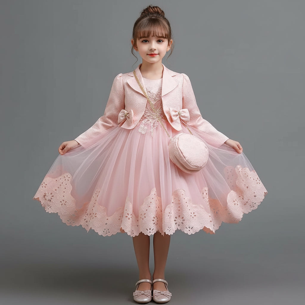 Girls Princess Ball Gown Long Sleeve Coat + Bag Set High End Beading Birthday Wedding Kids Casual Dress 3 - 12 Years - PratSN