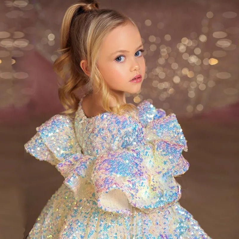 Girls Shiny Sequin Princess Dress 2023 New Long Sleeve Baby Tutu Birthday Dresses Teen Ball Gown Dres Children Wedding Clothing - PratSN