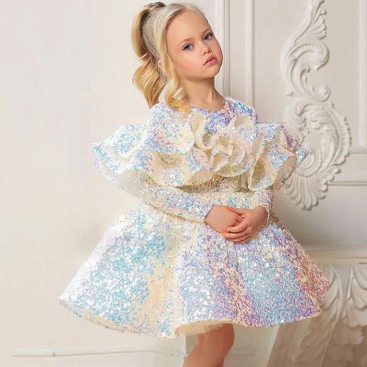 Girls Shiny Sequin Princess Dress 2023 New Long Sleeve Baby Tutu Birthday Dresses Teen Ball Gown Dres Children Wedding Clothing - PratSN