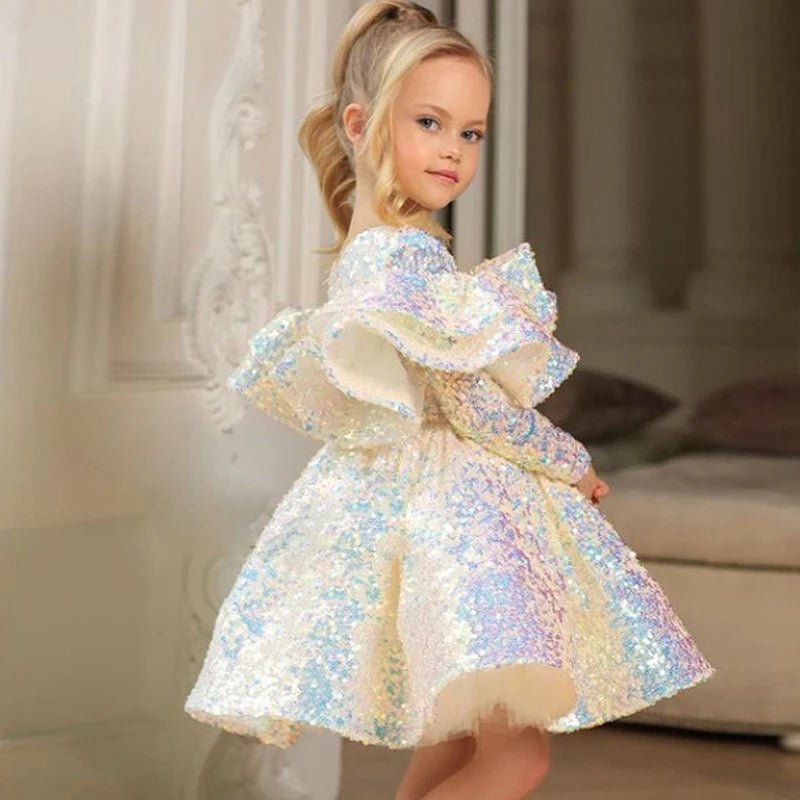 Girls Shiny Sequin Princess Dress 2023 New Long Sleeve Baby Tutu Birthday Dresses Teen Ball Gown Dres Children Wedding Clothing - PratSN 140 (7-8