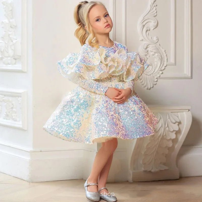 Girls Shiny Sequin Princess Dress 2023 New Long Sleeve Baby Tutu Birthday Dresses Teen Ball Gown Dres Children Wedding Clothing - PratSN