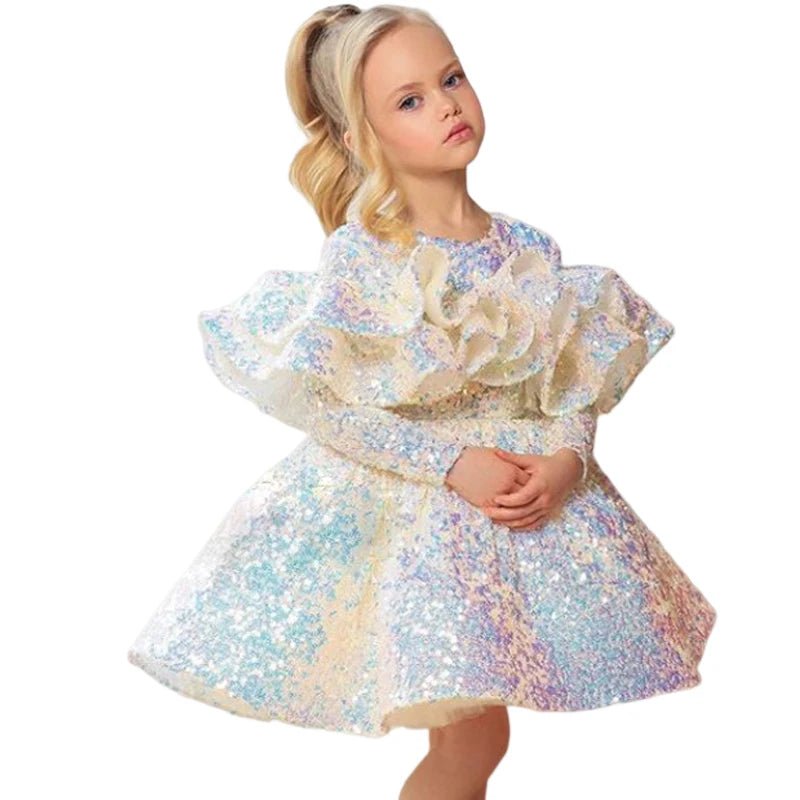 Girls Shiny Sequin Princess Dress 2023 New Long Sleeve Baby Tutu Birthday Dresses Teen Ball Gown Dres Children Wedding Clothing - PratSN