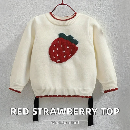Girls' Spring Pullover Sweater Red Christmas and Autumn New Children's Strawberry Knitted Long - Sleeved Top for Babies - PratSN