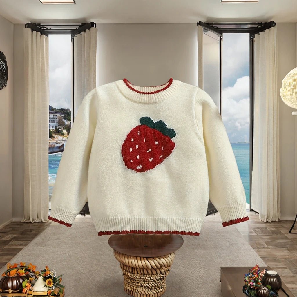 Girls' Spring Pullover Sweater Red Christmas and Autumn New Children's Strawberry Knitted Long - Sleeved Top for Babies - PratSN