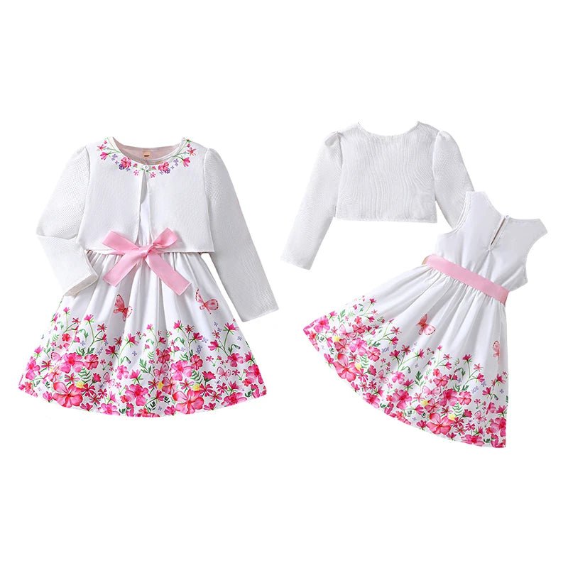 Girls Spring Summer Toddler Floral Print Long Sleeve Coat Tank Dress Children 2 3 4 5 6 7 - PratSN