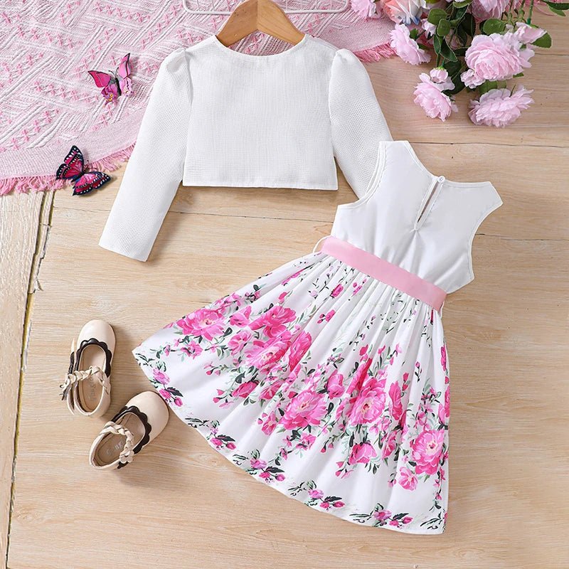 Girls Spring Summer Toddler Floral Print Long Sleeve Coat Tank Dress Children 2 3 4 5 6 7 - PratSN