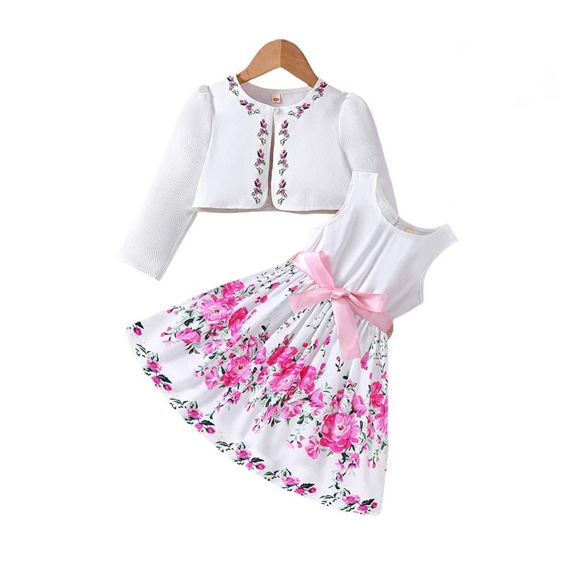 Girls Spring Summer Toddler Floral Print Long Sleeve Coat Tank Dress Children 2 3 4 5 6 7 - PratSN