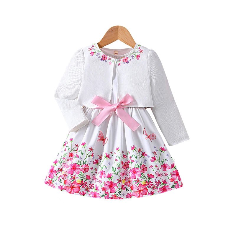 Girls Spring Summer Toddler Floral Print Long Sleeve Coat Tank Dress Children 2 3 4 5 6 7 - PratSN