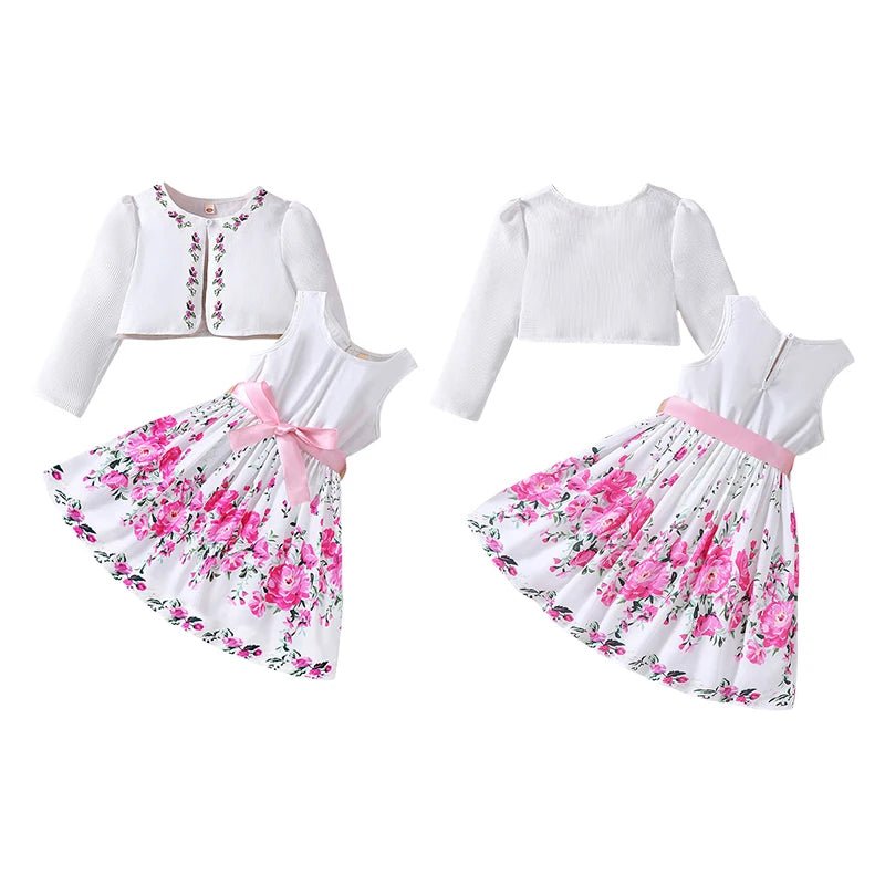 Girls Spring Summer Toddler Floral Print Long Sleeve Coat Tank Dress Children 2 3 4 5 6 7 - PratSN