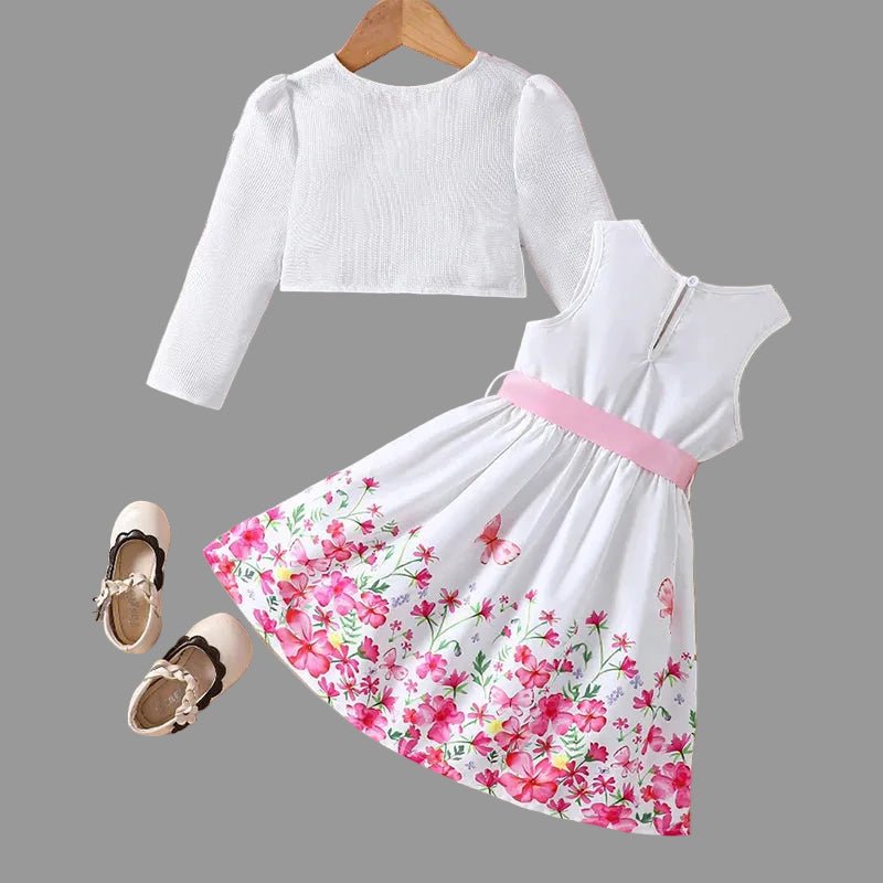 Girls Spring Summer Toddler Floral Print Long Sleeve Coat Tank Dress Children 2 3 4 5 6 7 - PratSN