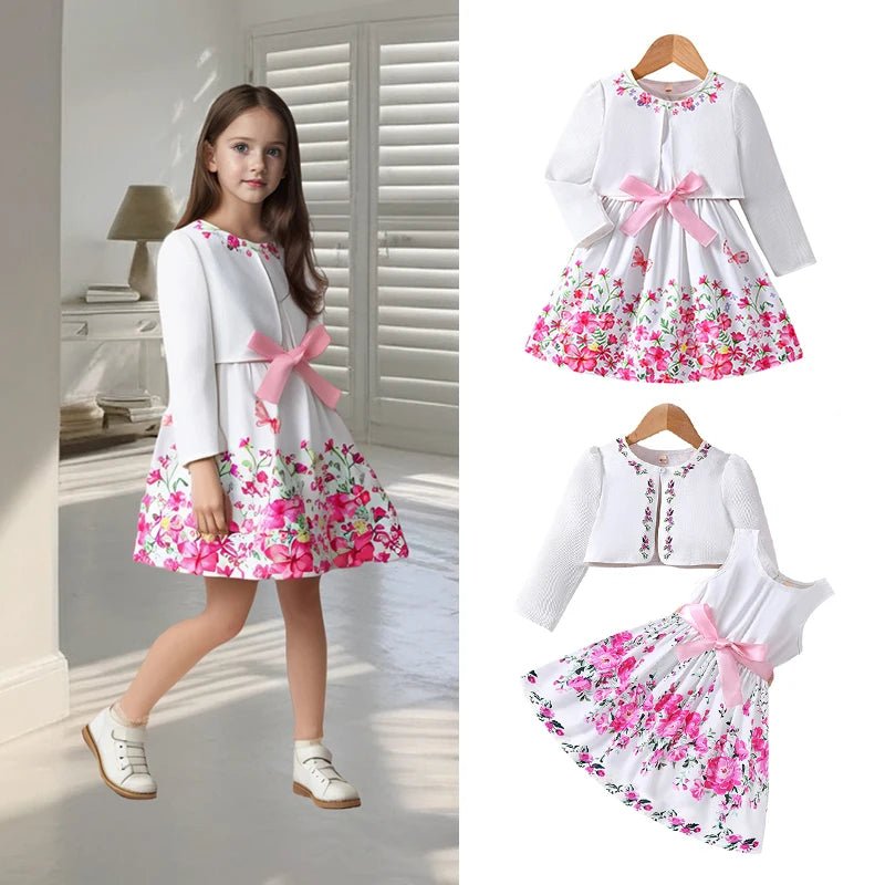 Girls Spring Summer Toddler Floral Print Long Sleeve Coat Tank Dress Children 2 3 4 5 6 7 - PratSN