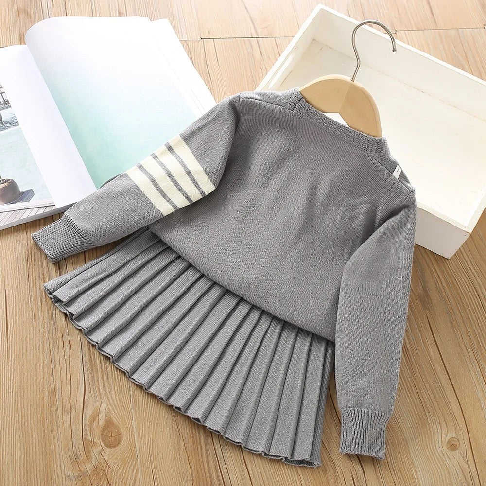 Girls Sweater Suit Autumn and Winter New Korean Style Preppy Style Western Style Little Girl Uniform Knitted Dress - PratSN