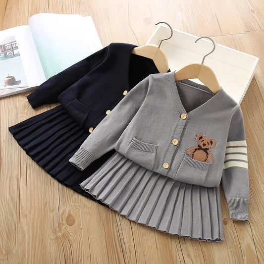 Girls Sweater Suit Autumn and Winter New Korean Style Preppy Style Western Style Little Girl Uniform Knitted Dress - PratSN