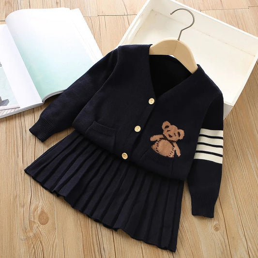 Girls Sweater Suit Autumn and Winter New Korean Style Preppy Style Western Style Little Girl Uniform Knitted Dress - PratSN