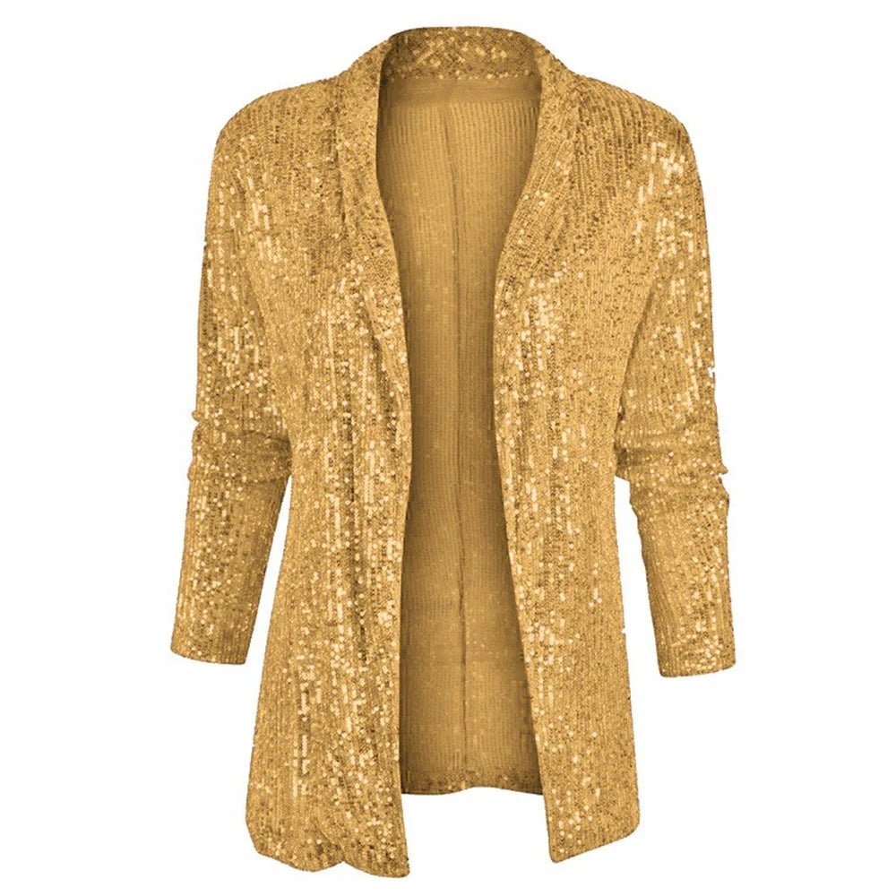 Glitter Long Sleeved Temperament Medium Length Small Suit Lapel Color Coat for Women - PratSN