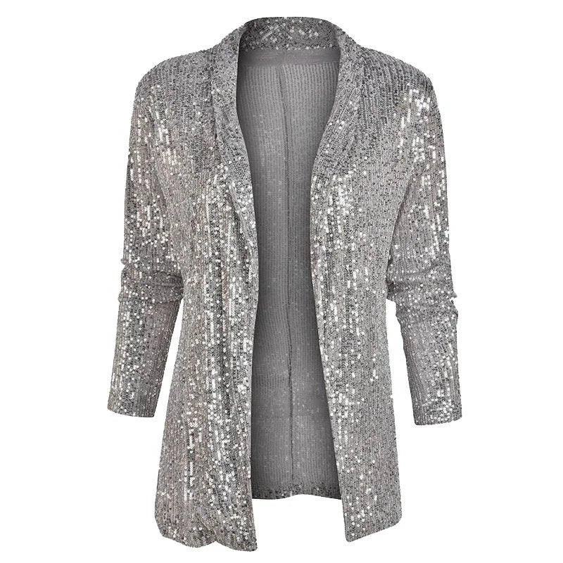 Glitter Long Sleeved Temperament Medium Length Small Suit Lapel Color Coat for Women - PratSN