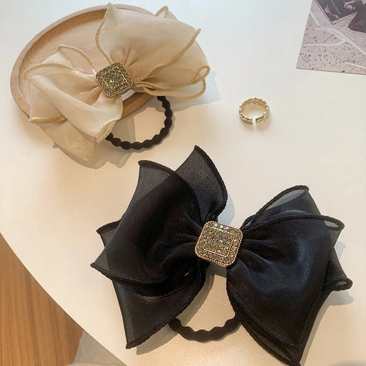 Hair Rope for Women Bow Organza Elastic Ribbon Pretty Hair Tie Ponytail Holder Hairbands Fashion Rhinestones Hair Accessories - PratSN
