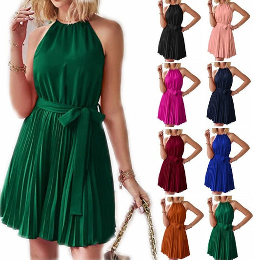 Halter Strapless Dresses For Women Solid Pleated Skirt Summer Beach Sundress - PratSN