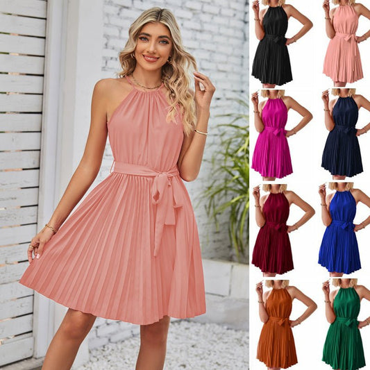 Halter Strapless Dresses For Women Solid Pleated Skirt Summer Beach Sundress - PratSN