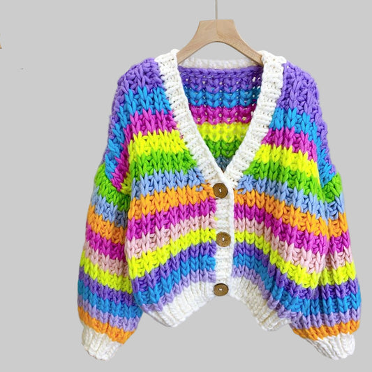 Hand - woven Rainbow Color - blocking Sweater Cardigan For Women - PratSN