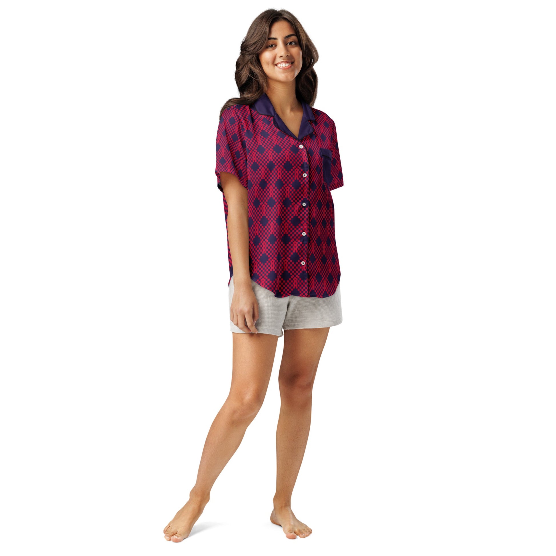 Heart print on tolopea color - all - over print women’s short sleeve pajama top - PratSN