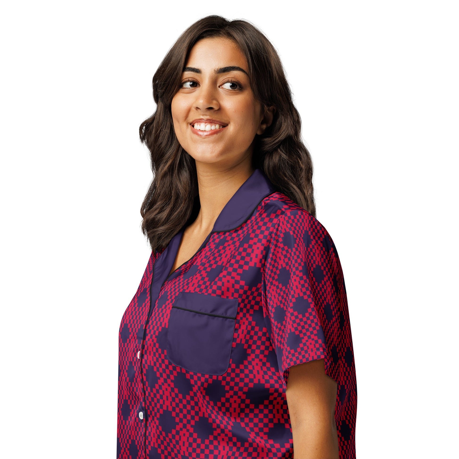Heart print on tolopea color - all - over print women’s short sleeve pajama top - PratSN