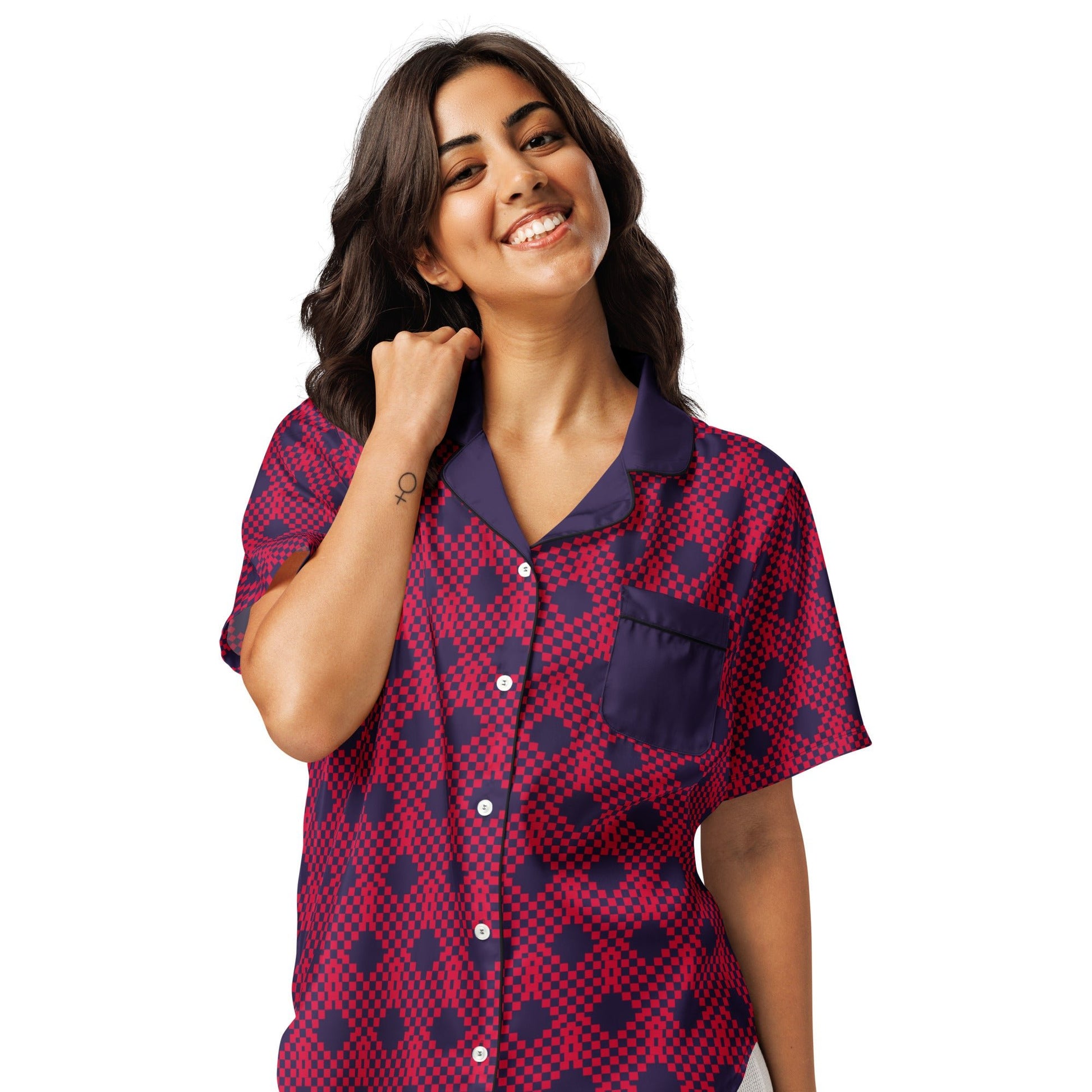 Heart print on tolopea color - all - over print women’s short sleeve pajama top - PratSN