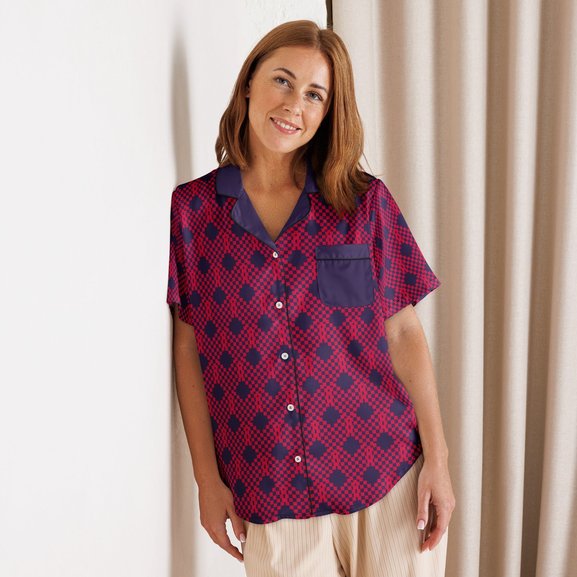 Heart print on tolopea color - all - over print women’s short sleeve pajama top - PratSN