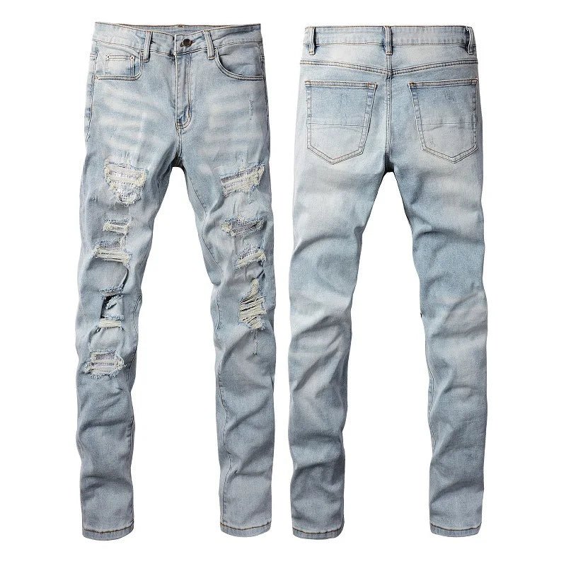 High Quality Blue Elastic Slim Fit Skinny Jeans Whisker Wrinkled Pockets Summer High Street Ins Same Ripped Washed Jean - PratSN