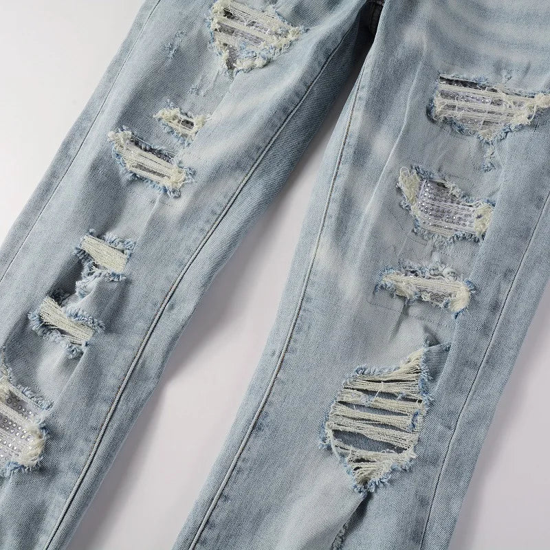 High Quality Blue Elastic Slim Fit Skinny Jeans Whisker Wrinkled Pockets Summer High Street Ins Same Ripped Washed Jean - PratSN