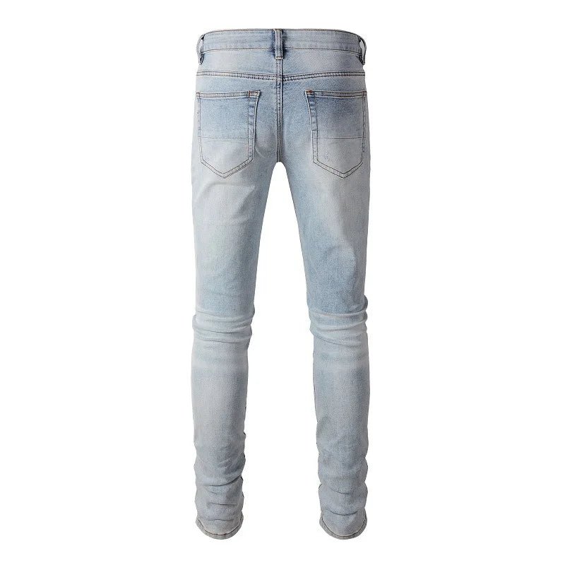 High Quality Blue Elastic Slim Fit Skinny Jeans Whisker Wrinkled Pockets Summer High Street Ins Same Ripped Washed Jean - PratSN