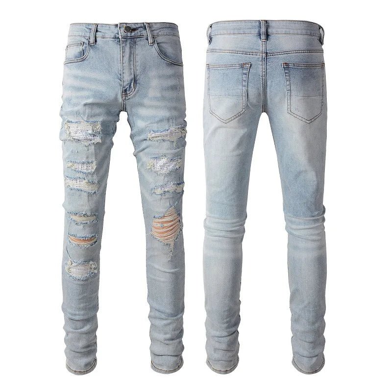 High Quality Blue Elastic Slim Fit Skinny Jeans Whisker Wrinkled Pockets Summer High Street Ins Same Ripped Washed Jean - PratSN