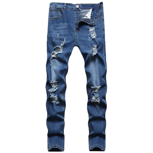 High Quality Blue Elastic Slim Fit Skinny Jeans Whisker Wrinkled Pockets Summer High Street Ins Same Ripped Washed Jean - PratSN
