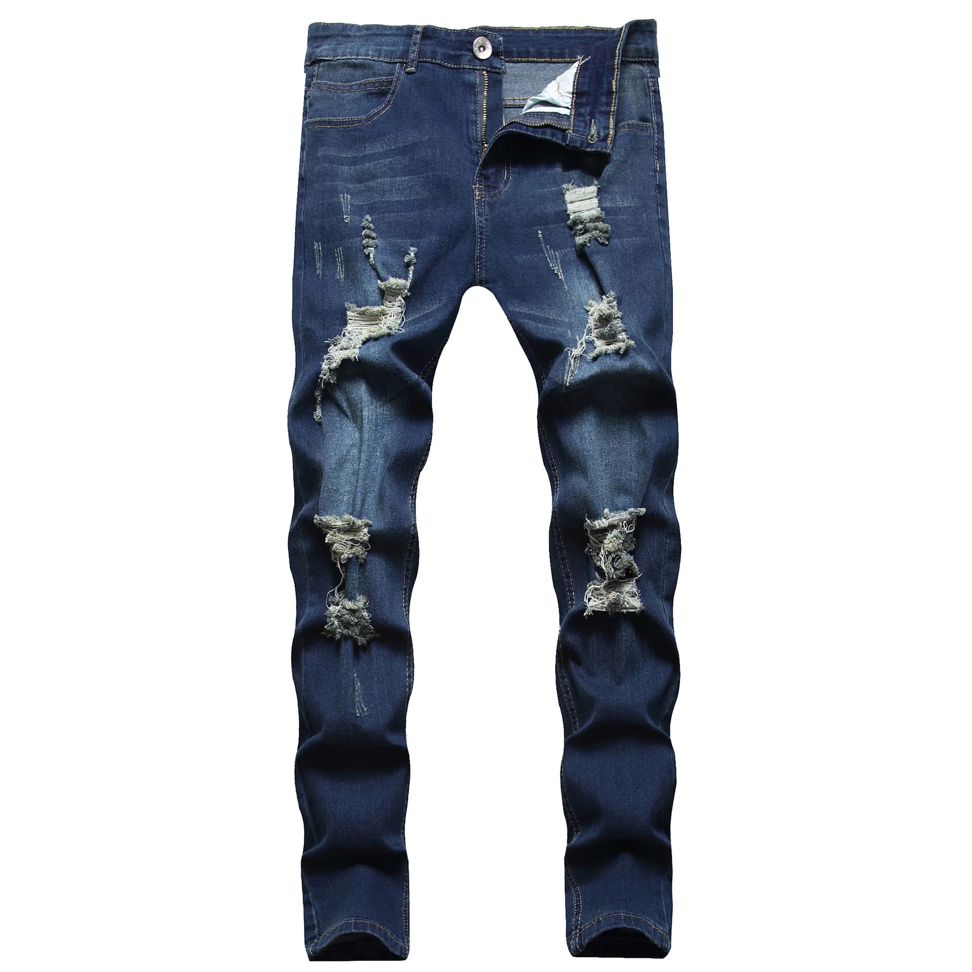 High Quality Blue Elastic Slim Fit Skinny Jeans Whisker Wrinkled Pockets Summer High Street Ins Same Ripped Washed Jean - PratSN
