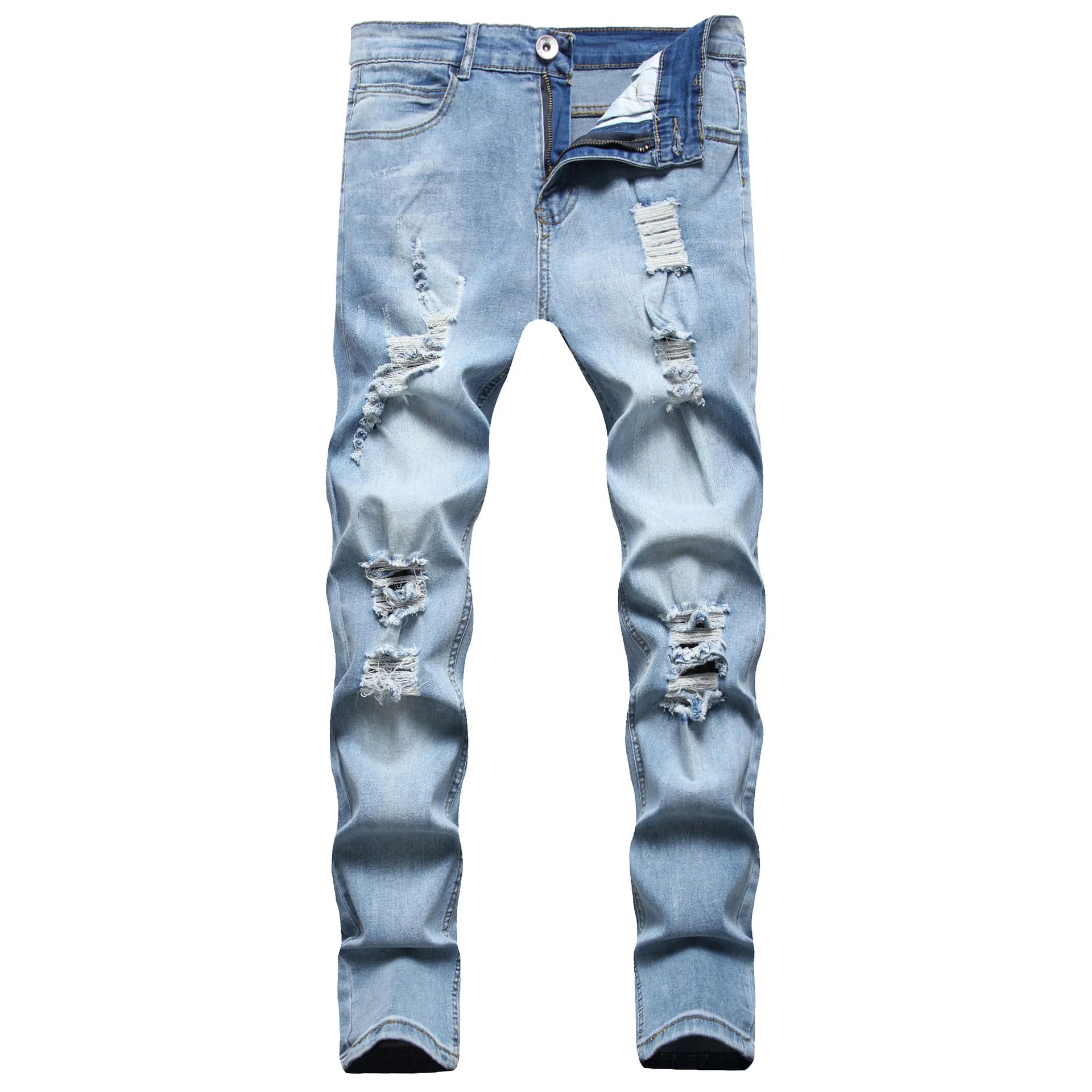 High Quality Blue Elastic Slim Fit Skinny Jeans Whisker Wrinkled Pockets Summer High Street Ins Same Ripped Washed Jean - PratSN