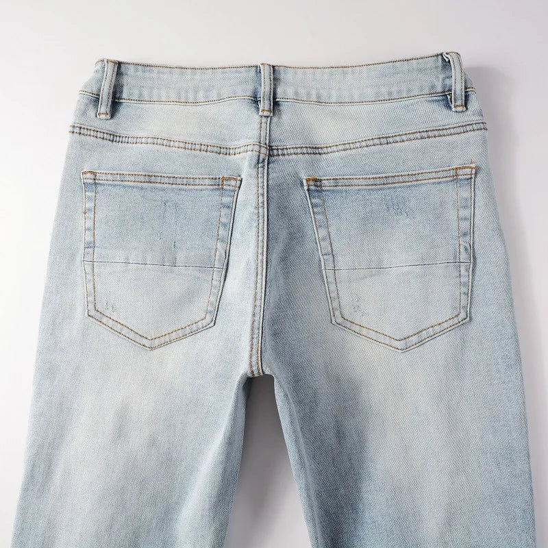 High Quality Blue Elastic Slim Fit Skinny Jeans Whisker Wrinkled Pockets Summer High Street Ins Same Ripped Washed Jean - PratSN