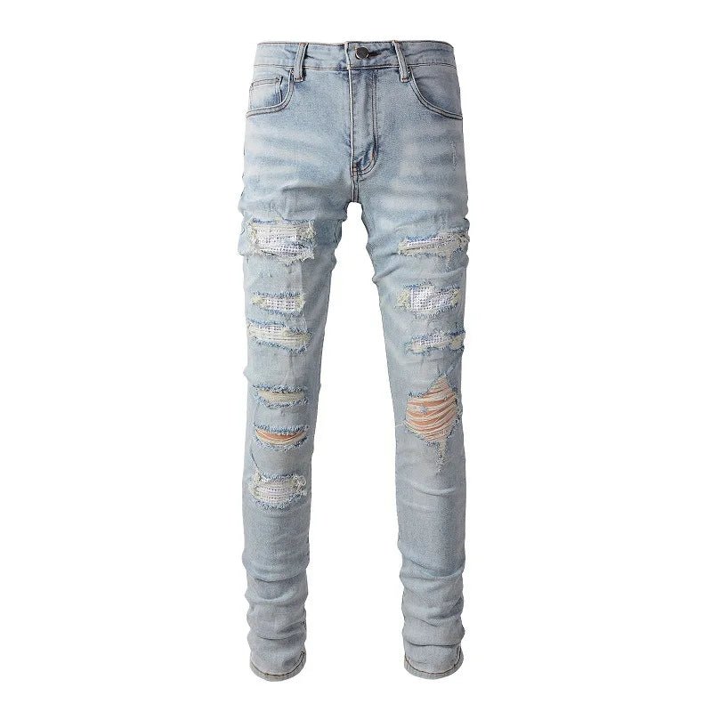 High Quality Blue Elastic Slim Fit Skinny Jeans Whisker Wrinkled Pockets Summer High Street Ins Same Ripped Washed Jean - PratSN