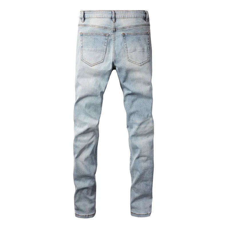 High Quality Blue Elastic Slim Fit Skinny Jeans Whisker Wrinkled Pockets Summer High Street Ins Same Ripped Washed Jean - PratSN