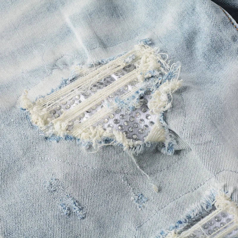 High Quality Blue Elastic Slim Fit Skinny Jeans Whisker Wrinkled Pockets Summer High Street Ins Same Ripped Washed Jean - PratSN