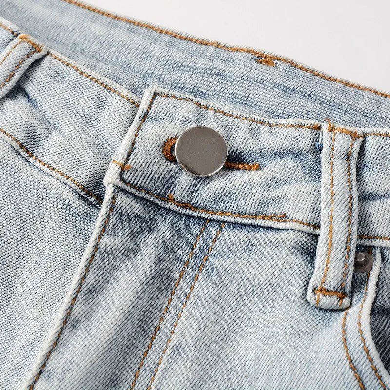High Quality Blue Elastic Slim Fit Skinny Jeans Whisker Wrinkled Pockets Summer High Street Ins Same Ripped Washed Jean - PratSN
