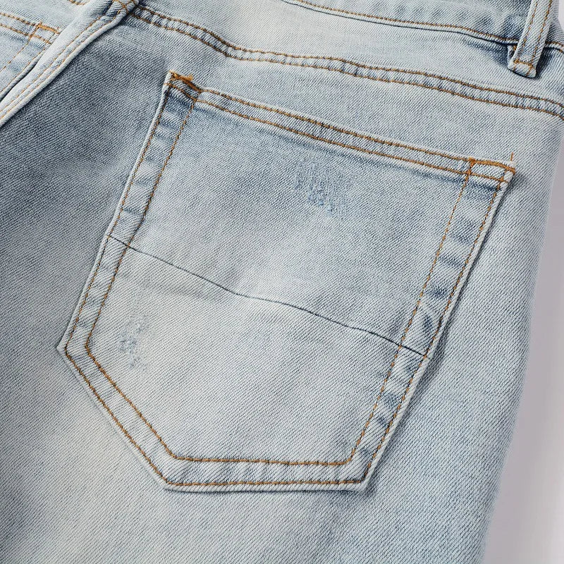 High Quality Blue Elastic Slim Fit Skinny Jeans Whisker Wrinkled Pockets Summer High Street Ins Same Ripped Washed Jean - PratSN