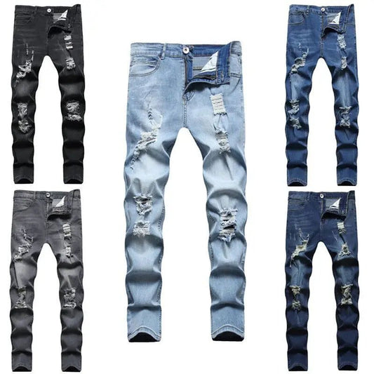 High Quality Blue Elastic Slim Fit Skinny Jeans Whisker Wrinkled Pockets Summer High Street Ins Same Ripped Washed Jean - PratSN