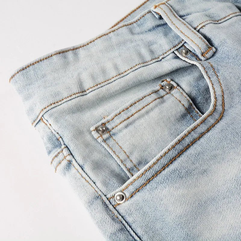 High Quality Blue Elastic Slim Fit Skinny Jeans Whisker Wrinkled Pockets Summer High Street Ins Same Ripped Washed Jean - PratSN