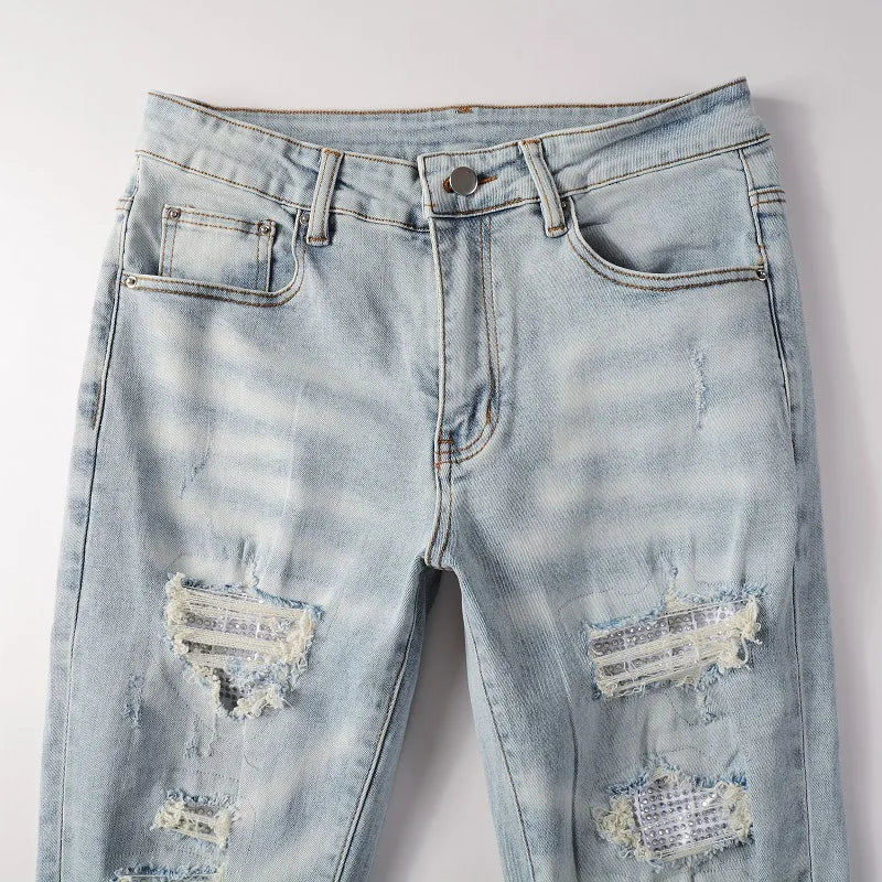 High Quality Blue Elastic Slim Fit Skinny Jeans Whisker Wrinkled Pockets Summer High Street Ins Same Ripped Washed Jean - PratSN
