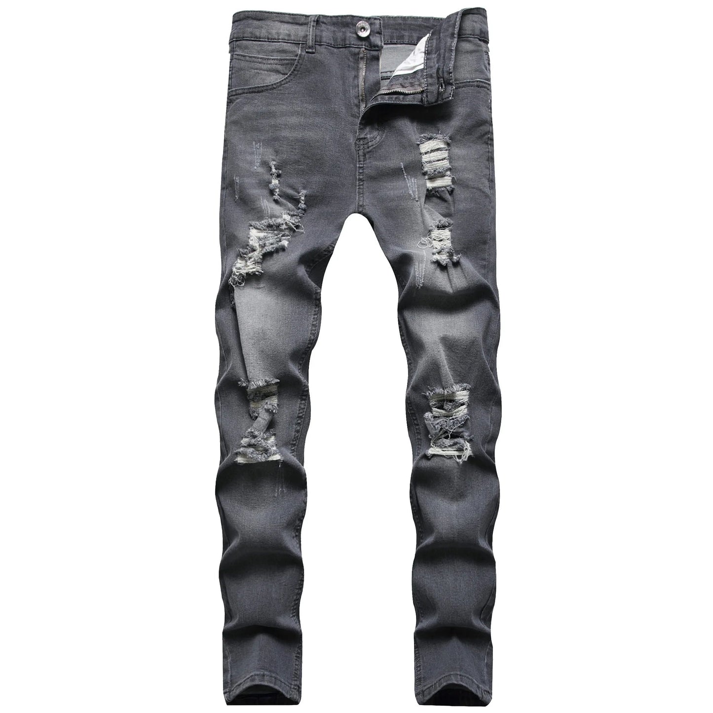 High Quality Blue Elastic Slim Fit Skinny Jeans Whisker Wrinkled Pockets Summer High Street Ins Same Ripped Washed Jean - PratSN