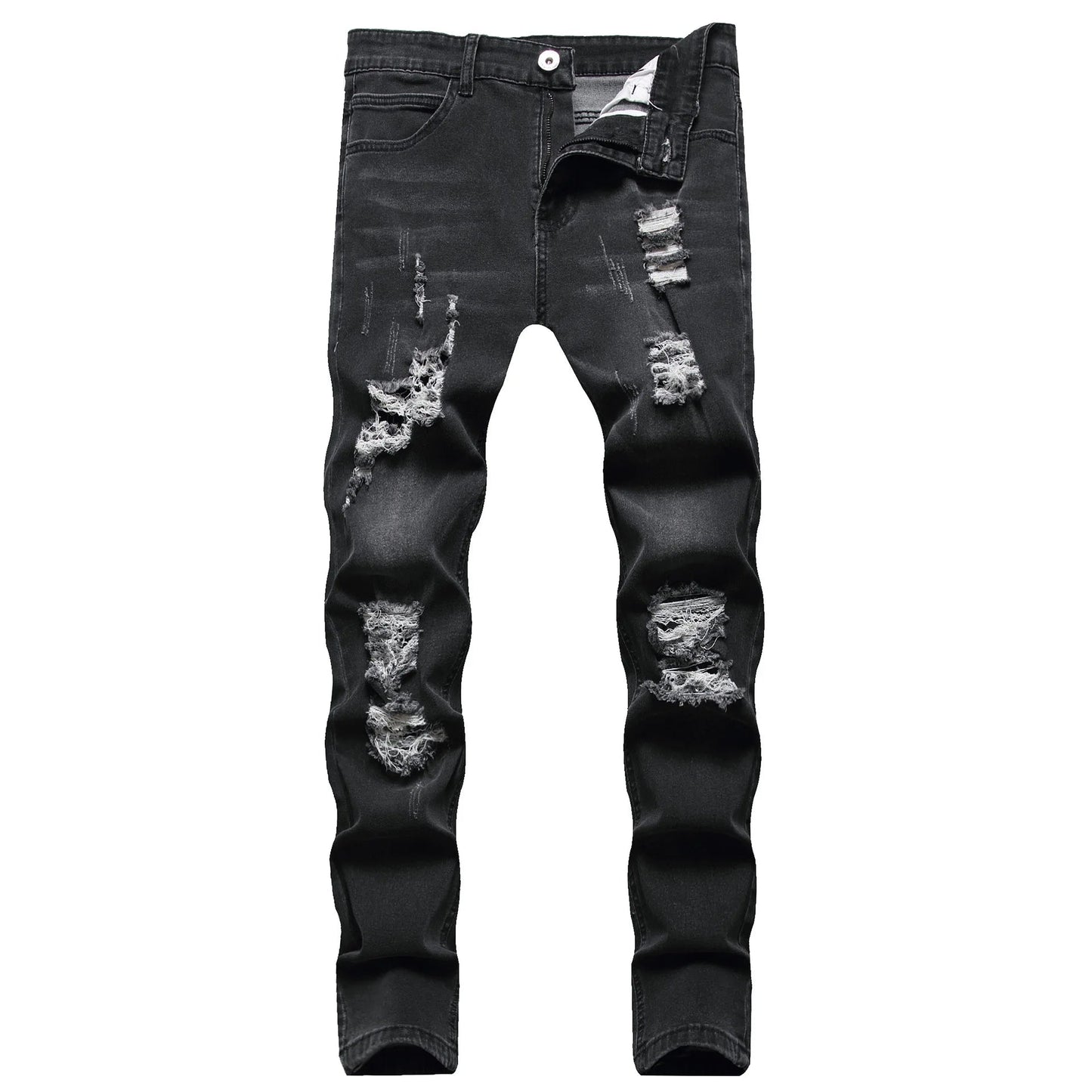 High Quality Blue Elastic Slim Fit Skinny Jeans Whisker Wrinkled Pockets Summer High Street Ins Same Ripped Washed Jean - PratSN