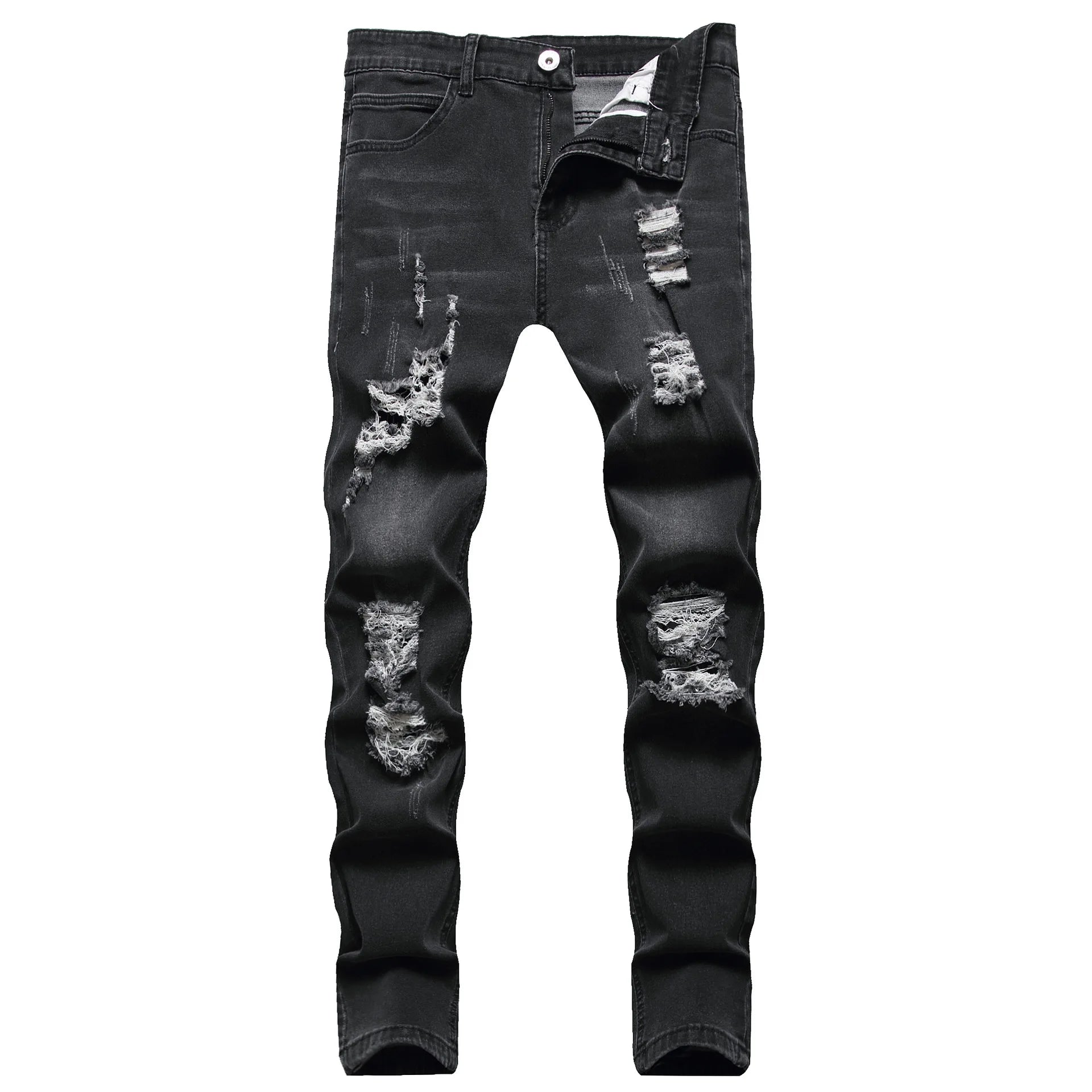 High Quality Blue Elastic Slim Fit Skinny Jeans Whisker Wrinkled Pockets Summer High Street Ins Same Ripped Washed Jean - PratSN