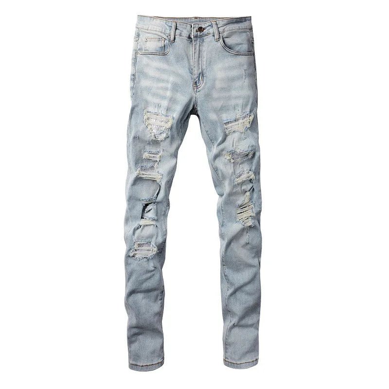High Quality Blue Elastic Slim Fit Skinny Jeans Whisker Wrinkled Pockets Summer High Street Ins Same Ripped Washed Jean - PratSN