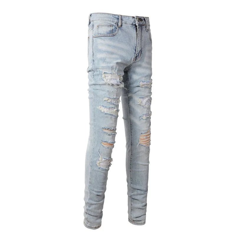 High Quality Blue Elastic Slim Fit Skinny Jeans Whisker Wrinkled Pockets Summer High Street Ins Same Ripped Washed Jean - PratSN