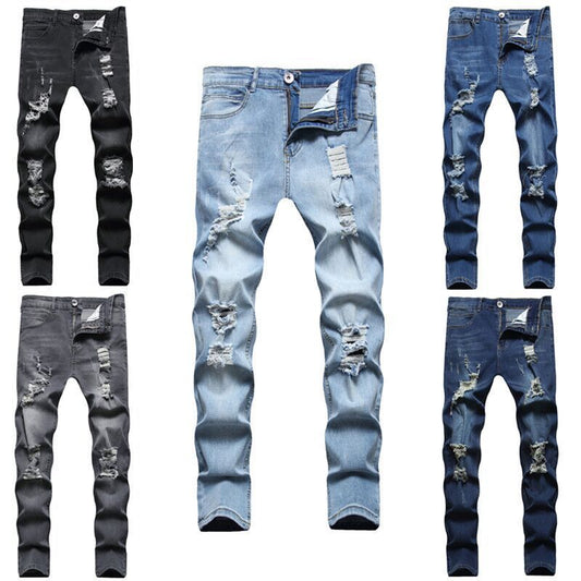 High Quality Blue Elastic Slim Fit Skinny Jeans Whisker Wrinkled Pockets Summer High Street Ins Same Ripped Washed Jean - PratSN